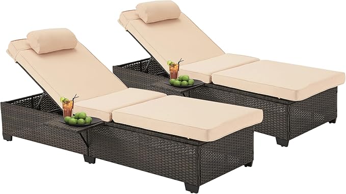 HOMREST PE Wicker Chaise Lounge Chairs Set of 2,Adjustable 5 Position Outside Rattanr Patio Pool Chair with Headrest,Cushion and Storage Rack for Poolside Backyard Porch,Khaki