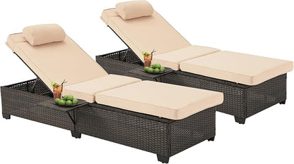 HOMREST PE Wicker Chaise Lounge Chairs Set of 2,Adjustable 5 Position Outside Rattanr Patio Pool Chair with Headrest,Cushion and Storage Rack for Poolside Backyard Porch,Khaki