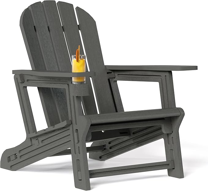 Costaelm Tool-Free Assembly Outdoor Patio HDPE Plastic Adirondack Chair with Cup Holder, Gray