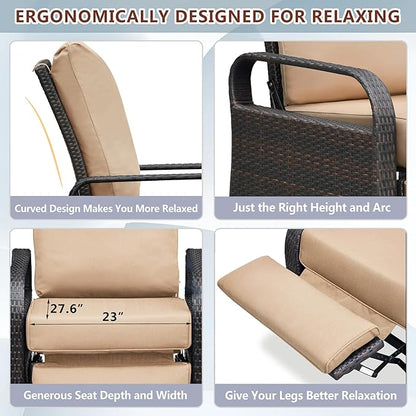 ATR ART TO REAL Outdoor Recliner, Set of 2 Wicker Reclining Chair with Coffee End Side Table, Aluminum Frame Patio Chaise Lounge Chairs with Thicken Cushions (Khaki)