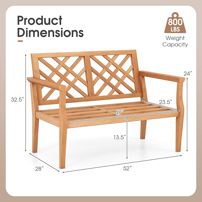 Tangkula Outdoor Garden Bench, 2-Person Teak Wood Bench with Comfy Armrests and Backrest, Slatted Seating Area, 800 LBS Weight Capacity, Patio Wood Loveseat Chair for Porch, Backyard, Park, Natural