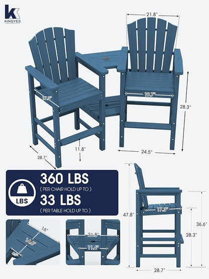 KINGYES Tall Adirondack Chair Set of 4, Embossed Balcony Height Chair with Removable Double Connecting Trays, Tall Poly Adirondack Chair, High Airondack Chair with Wood Grain, Deck, Lawn, Blue