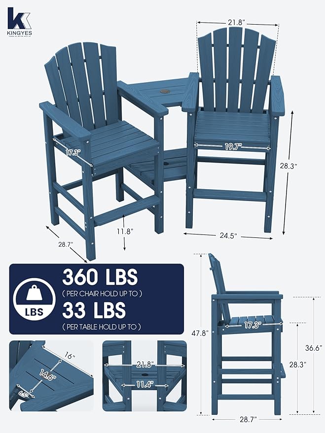 KINGYES Tall Adirondack Chair Set of 2, All-Weather HDPE Outdoor Adirondack Barstools with Double Connecting Trays, Bar High Airondack Chair with Wood Grain, Embossed Balcony Chair for Backyard, Blue