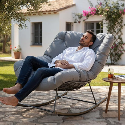 Outdoor Patio Rocking Chair, Oversized Papasan Chair with Cushion and Frame, Comfy Modern Rocker Egg Chair for Living Room, Garden Backyard,Grey2pc