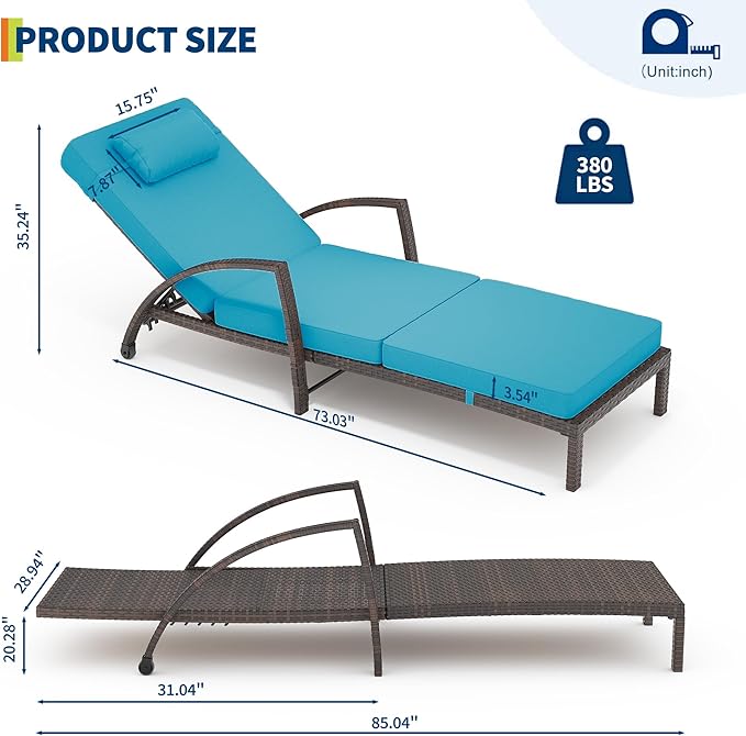 GarveeLife 2-Piece Rattan Patio Folding Chaise Lounge, 5-Position Adjustable Backrest Outdoor Lounge Chair with Cushion and Pillow for Poolside, Backyard, Deck, Porch, Peacock Blue