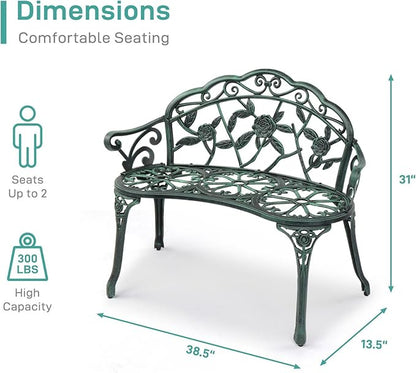 38.5” Outdoor Porch Bench with Hollow Rose Design,Elegant Garden Bench Park Bench for Backyard,Iron Bench with Arms,Antique Green