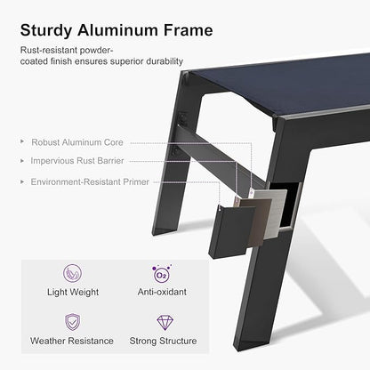 PURPLE LEAF Outdoor Oversized Lounge Chair Set of 3 Patio Chaise Pool Lounger Aluminum Frame with Side Table and Wheels for Outside Sunbathing Tanning Recliner Including Pillows Navy Blue