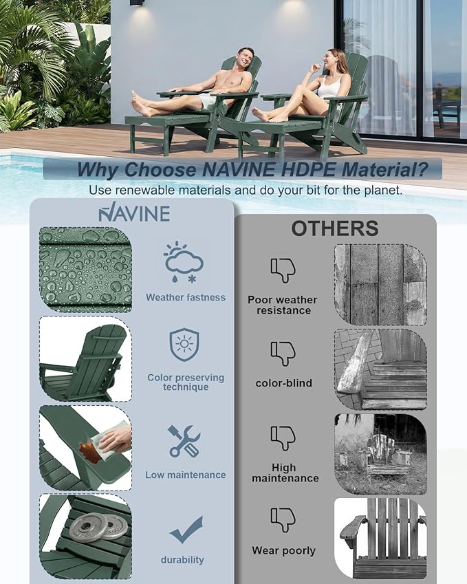 Adjustable Adirondack Chair with Retractable Ottoman Set of 2, HDPE Folding Adirondack Chair with Cup Holder, All Weather Fire Pit Chair for Outdoor.