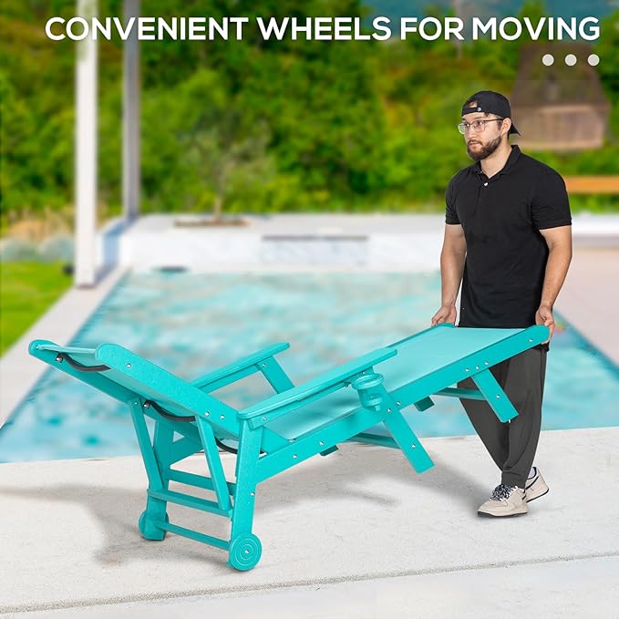 Outdoor Chaise Lounge Chair with Table, 5-Position Adjustable Patio Lounge Chair with Wheels & Cup Holder, HDPE Pool Lounge Chair for Outside, Poolside & Beach (Aruba)