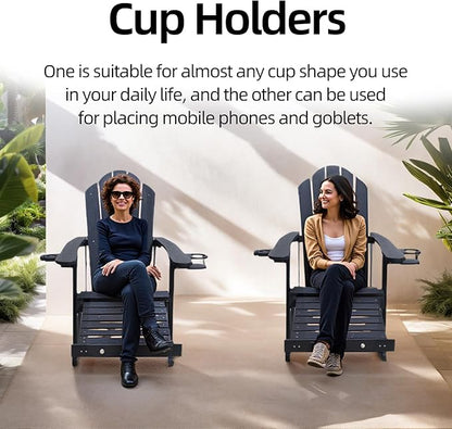 Adirondack Rocking Chair Set of 2, Weather-Resistant and Durable, with Cup Holder and Footstool，Outdoor Rocking Chair Suitable for Porch,Courtyard,Balcony, Corridor,Backyard，Black