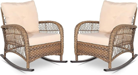 VIVIJASON 2 Piece Patio Wicker Rattan Rocker Chair, Outdoor Rattan Rocker Chair with Cushions & Steel Frame, All-Weather Rocking Lawn Wicker Furniture for Garden Backyard Porch (Beige)
