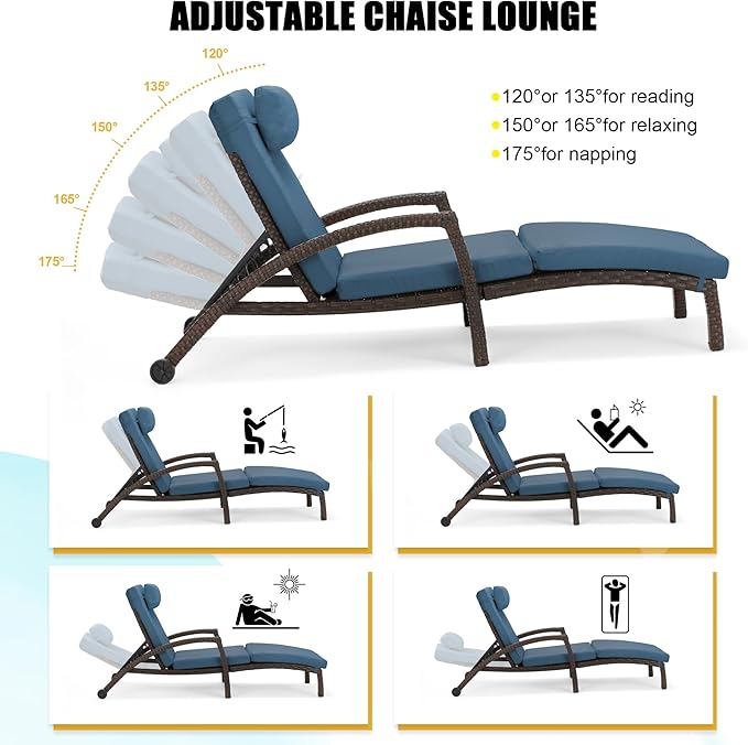 HOMREST Chaise Lounge Chairs Set of 6, PE Rattan Wicker Patio Lounge Chair with Adjustable 5 Position, Arm and Wheels for Poolside Backyard Deck Porch,Dark Blue