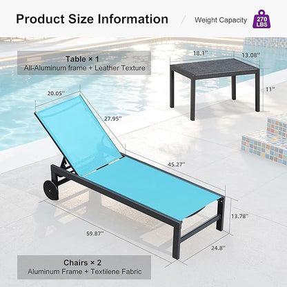 PURPLE LEAF Outdoor Chaise Lounge with Wheels for Outside 2 Pieces Aluminum Patio Lounge Chair with 5 Adjustable Position Recliner for Patio, Beach, Yard, Pool, Side Table Included,Turquoise Blue