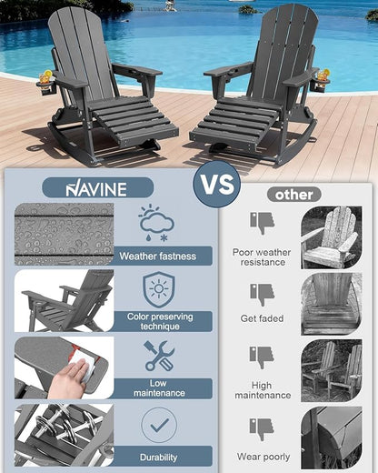 Adirondack Rocking Chairs Set of 8 with Retractable Ottoman, All Weather Folding Adirondack Chair with Two Cup Holders, Adirondack Outdoor Rocking Chairs for Porch, Patio, Balcony. Grey