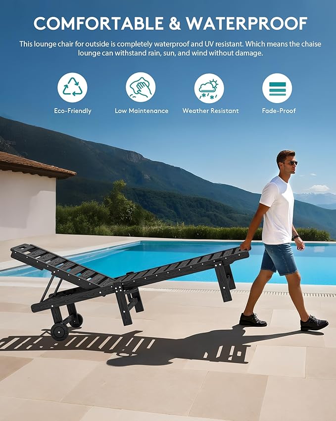 SERWALL Patio Chaise Lounge Set of 2, HDPE Outdoor Lounge Chair with Cup Holder, 5 Positions Adjustable Outdoor Lounger with Rolling Wheels for Poolside, Black