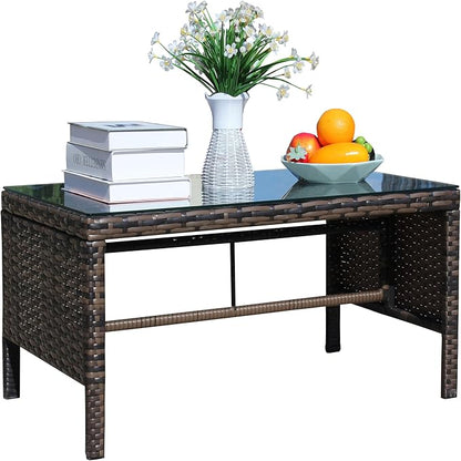 Outdoor Coffee Wicker Table with Clear Tempered Glass Top, Brown Rattan Patio Side Furniture, Weather-Resistant Garden Table with 180lb Capacity for Patio or Garden