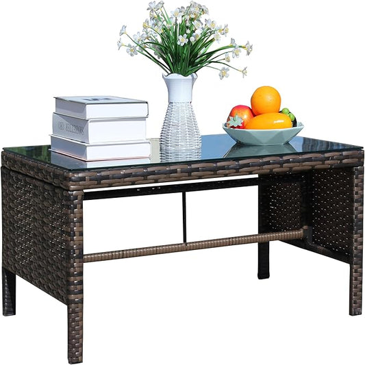 Outdoor Coffee Wicker Table with Clear Tempered Glass Top, Brown Rattan Patio Side Furniture, Weather-Resistant Garden Table with 180lb Capacity for Patio or Garden