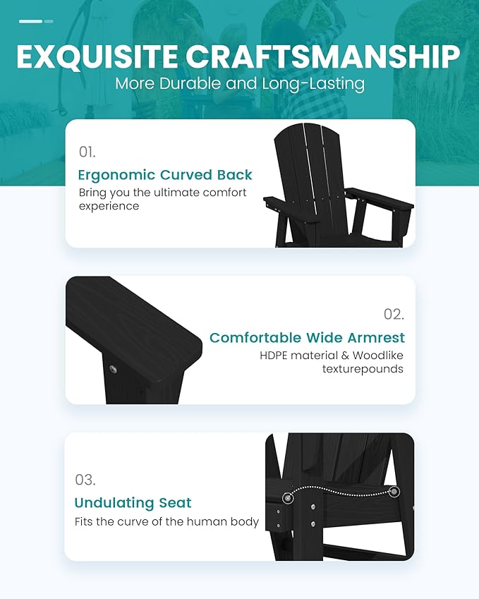 SERWALL Outdoor Adirondack Dining Chair Set of 2, All Weather HDPE Patio Chairs, Black