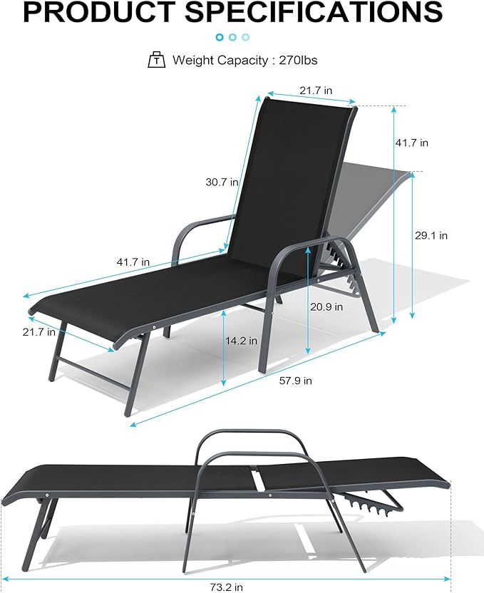 Crestlive Products Chaise Lounge Chair Outdoor with Armrests, Pool Lounge Chairs Set of 2, Aluminum Adjustable 5 Positions Sun Tanning Lounger for Patio, Poolside, Yard, Deck, Backyard (Black)