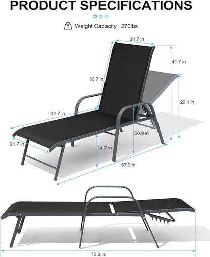 Crestlive Products Chaise Lounge Chair Outdoor with Armrests, Pool Lounge Chairs Set of 2, Aluminum Adjustable 5 Positions Sun Tanning Lounger for Patio, Poolside, Yard, Deck, Backyard (Black)