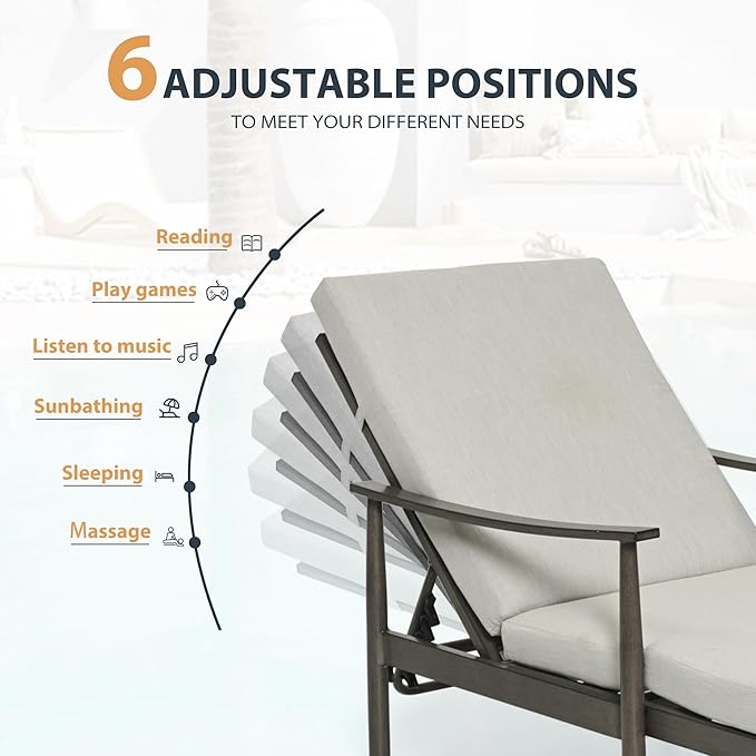 HAPPATIO Outdoor Chaise Lounge Set of 2, Aluminum Pool Lounge Chair with Adjustable Backrest, Cushion, Curved Armrest, and Side Table, Outdoor Lounge Chair for Beach, Yard, or Poolside (Grey)