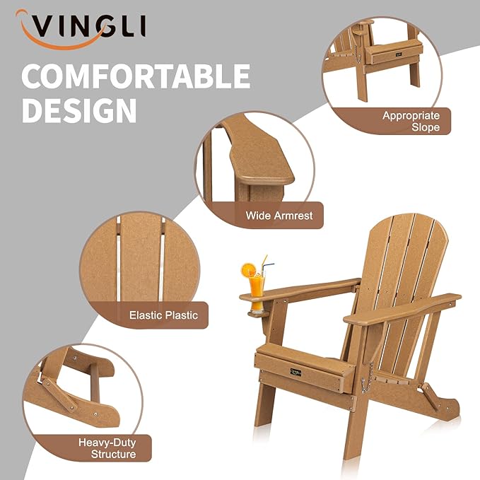 VINGLI Plastic Adirondack Chairs Set of 4, Folding with Cup Holder, Waterproof HDPE Material - Photo 6
