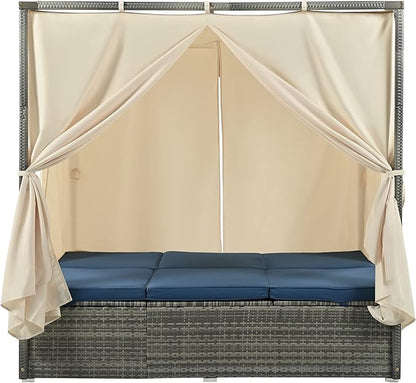 Merax Outdoor Patio Wicker Sunbed Daybed with Canopy, Overhead Curtains, Cushions, Lounge Chairs with Adjustable Seats, Blue