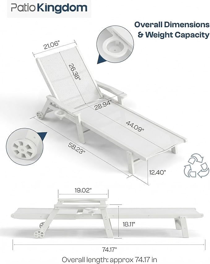 Patio Chaise Lounge Chair with Wheels & Cup Holder, HDPE Textilene Outdoor Lounge Chair 5 Positions Adjustable for Poolside Deck Patio Backyard (4, White Frame, White Textilene)