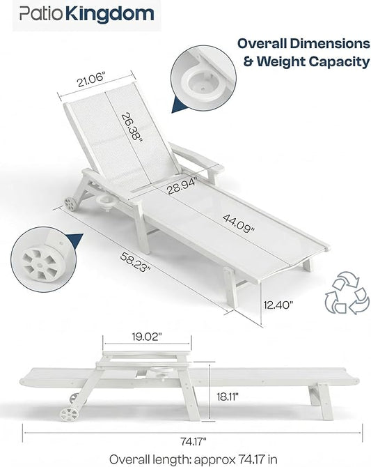 Patio Chaise Lounge Chair with Wheels & Cup Holder, HDPE Textilene Outdoor Lounge Chair 5 Positions Adjustable for Poolside Deck Patio Backyard (4, White Frame, White Textilene)