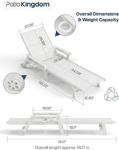 Patio Chaise Lounge Chair with Wheels & Cup Holder, HDPE Textilene Outdoor Lounge Chair 5 Positions Adjustable for Poolside Deck Patio Backyard (2, White Frame, White Textilene)