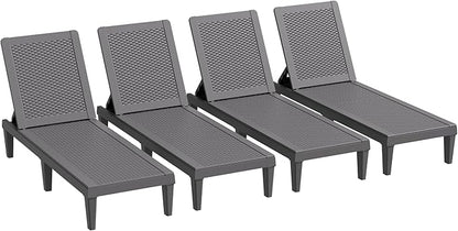 Greesum Outdoor Chaise Lounge Chairs Set of 4 with 5-Position Adjustable Backrest, Waterproof PP Sun Loungers for Garden Pool Beach Patio Deck Sunbathing, Grey