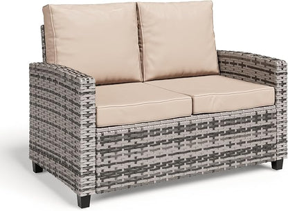 Outdoor Patio Loveseat, All-Weather Outdoor Wicker Sofa with Comfy Cushions, Patio Furniture Set 2 Person Couch, High Back Rattan Couch for Garden, Balcony, and Deck- Beige
