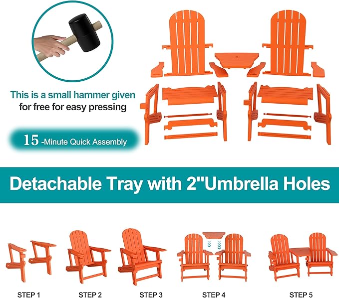 JY QAQA Outdoor Adirondack Chair Set of 2, All-Weather HDPE Patio Furniture with Detachable Table, Wood Texture & Cup Holder for Patio, Poolside, Garden, Orange