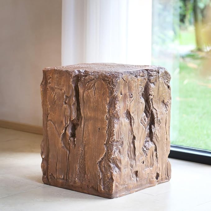 Outdoor Side Table, 15"x15" Tree Stump End Table with Realistic Wood Grain, Weather-Resistant Accent Table for Patio Garden Balcony, Rustic Brown Plant Stand & Drink Holder