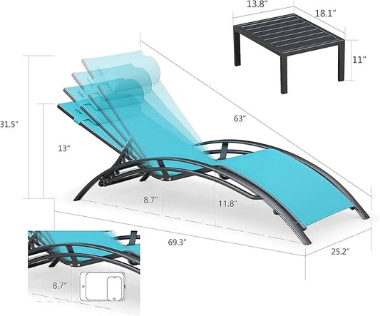 PURPLE LEAF Patio Chaise Lounge with 10' x 6.5' Tilt Umbrella Outdoor Lounge Chair Beach Pool Sunbathing Lawn Lounger, Base and Side Table Included, Turquoise Blue