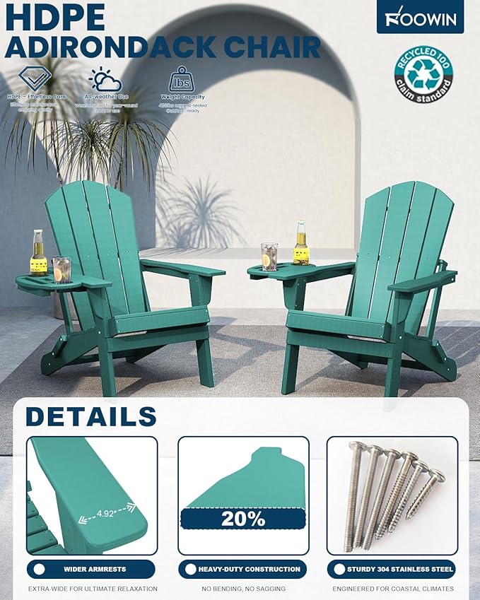 FOOWIN Folding Adirondack Chair Set of 8, HDPE Adirondack Chairs with Cup Holder - Photo 3
