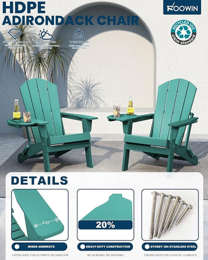 FOOWIN Folding Adirondack Chair Set of 8, HDPE Adirondack Chairs with Cup Holder, Weather Resistant Plastic Fire Pit Chairs for Outdoor, Patio, Lawn, Garden, Backyard, Deck, Lake Blue
