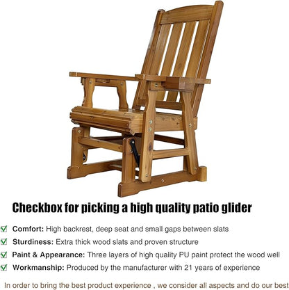 Fortune Candy Wooden Patio Glider for One Person, with High Back and Deep Contoured Seat, Solid Fir Wood, Heavy Duty 600 LBS (Teak Tone, 1-Seater)