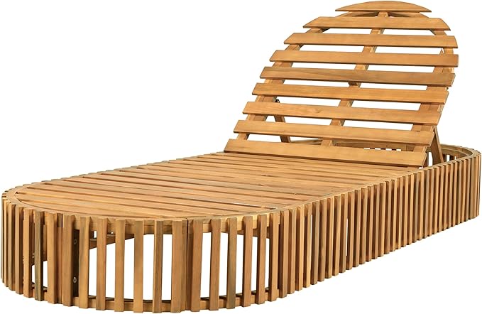 Merax Acacia Wood Chaise Lounge with Curved Cushion, Outdoor Sun Lounger for Patio, Poolside and Garden, Teak Finish Wood Recliner, 80.8" L, Supports 300 lbs, Cream