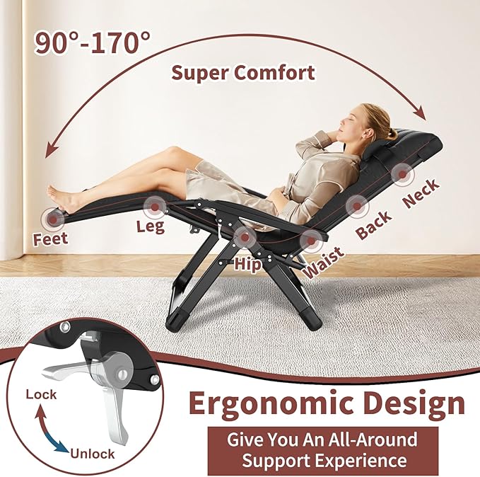 Oversized Zero Gravity Chair with Cushion XXL, 33In Padded Lounge Chair, Recliner Camping Chair W/Full-Alu Alloy Lock - Photo 5