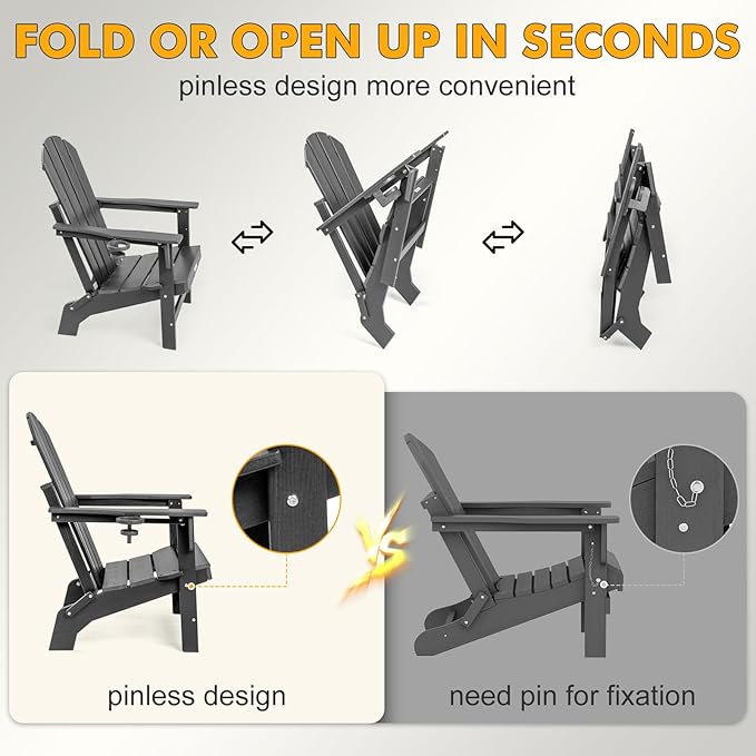 Folding Adirondack Chairs Set of 4, All Weather Stable Gun-Leg Design Fire Pit Chairs with Cupholder for Outside