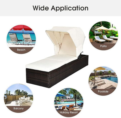 RELAX4LIFE Rattan Chaise Lounge Chair - PE Wicker Reclining Lounger with 5-Position Adjustable Backrest, Retractable Canopy, Side Table & Cushions, Sun Lounger for Garden, Porch & Beach (2, White)