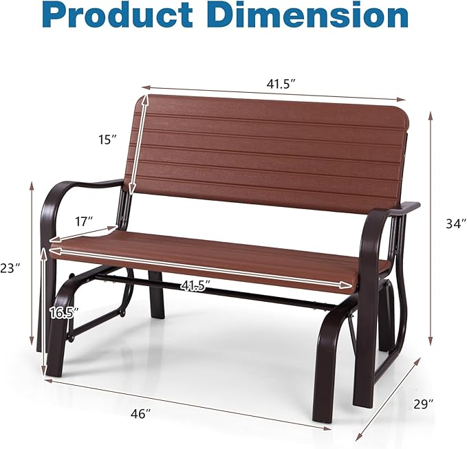 HAPPYGRILL Outdoor Swing Glider Bench, Patio Loveseat Chair with Steel Frame, Rocking Bench for Porch Deck Poolside Garden, (Brown)