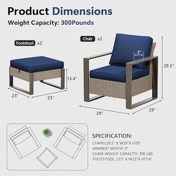 4 Piece Patio Furniture Set, Outdoor Wicker Chair and Ottoman, Metal Patio Furniture with Deep Seating, Thicken Cushions for Deck, Porch, Yard Use (Blue, 4 PCS/Chairs)