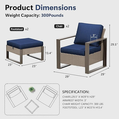 4 Piece Patio Furniture Set, Outdoor Wicker Chair and Ottoman, Metal Patio Furniture with Deep Seating, Thicken Cushions for Deck, Porch, Yard Use (Blue, 4 PCS/Chairs)
