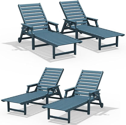 5-Position Adjustable Patio Chaise Lounge - 78'' HDPE Outdoor Lounger with Rolling Wheels & Cup Holder, Longer, Wider, Higher - Perfect for Poolside & Deck, Navy, 4pcs