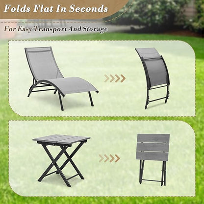 Athena Collection Outdoor Chaise Lounge Set, Aluminum Frame Pool Lounge Chairs with 5-Level Adjustable Backrest and Folding Side Table, Breathable Sun Lounger for Poolside Patio Outdoor, Grey
