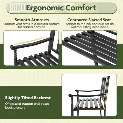 Giantex Metal Outdoor Bench with Backrest, Curved Armrests, Non-Slip Foot Pads, Slatted Seat for 2-3 Persons, Load 660lbs, Loveseat, Patio Bench for Garden, Yard, Poolside, Lawn, Porch, Park, Black