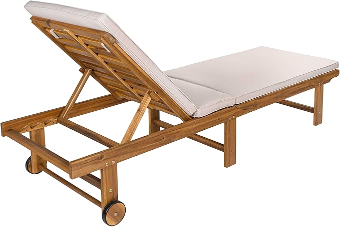 JONATHAN Y LNG1102A Mallorca 77.17"x23.62" Modern Classic Foldable Adjustable Wood Chaise Outdoor Lounge Chair with Cushion & Wheels, for Pool, Deck, Poolside, Beige/Natural