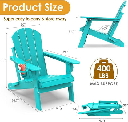 IVY&LANE Folding-Adirondack-Chairs-Set-of-4 | HDPE Plastic | Outdoor Fire Pit Chair with Cup Holder | Aqua | Poly | Weather Resistant | for Patio Deck Poolside Garden Beach